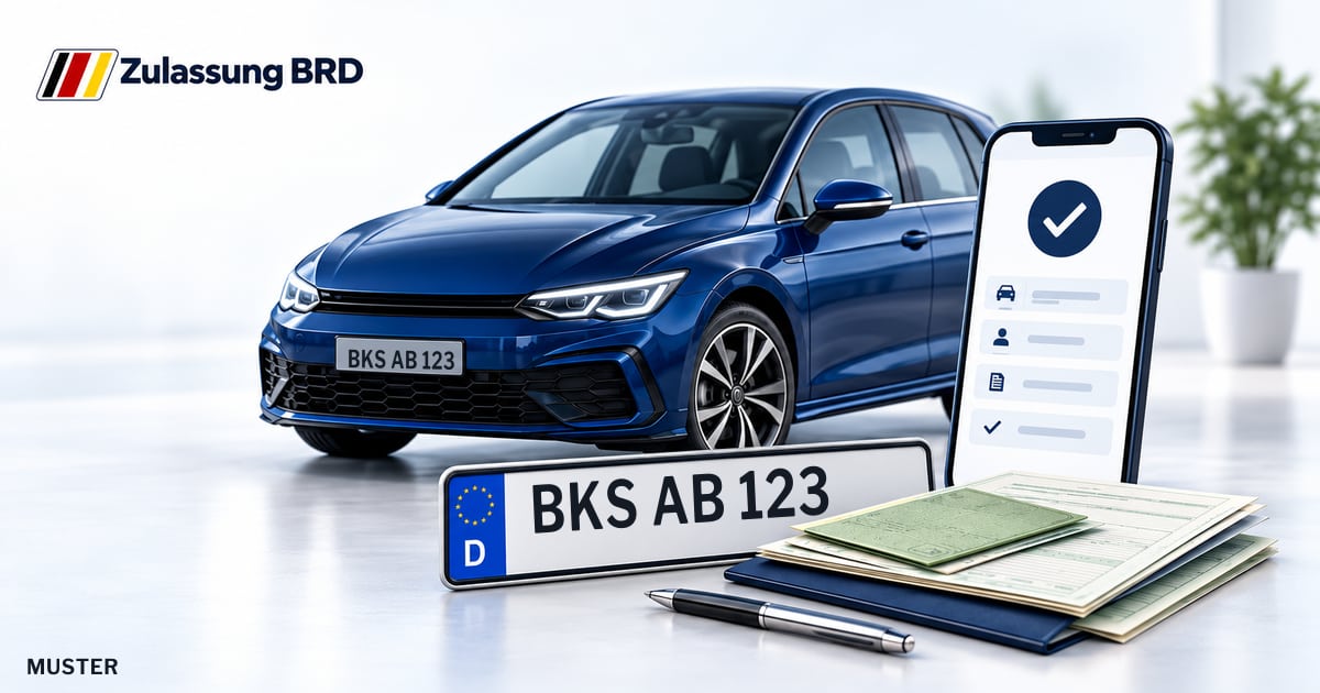 Online Fahrzeugzulassung in Landkreis Bernkastel-Wittlich: Musterkennzeichen BKS AB 123, Auto und Fahrzeugpapiere und Smartphone. Illustration mit Logo von Zulassung BRD.